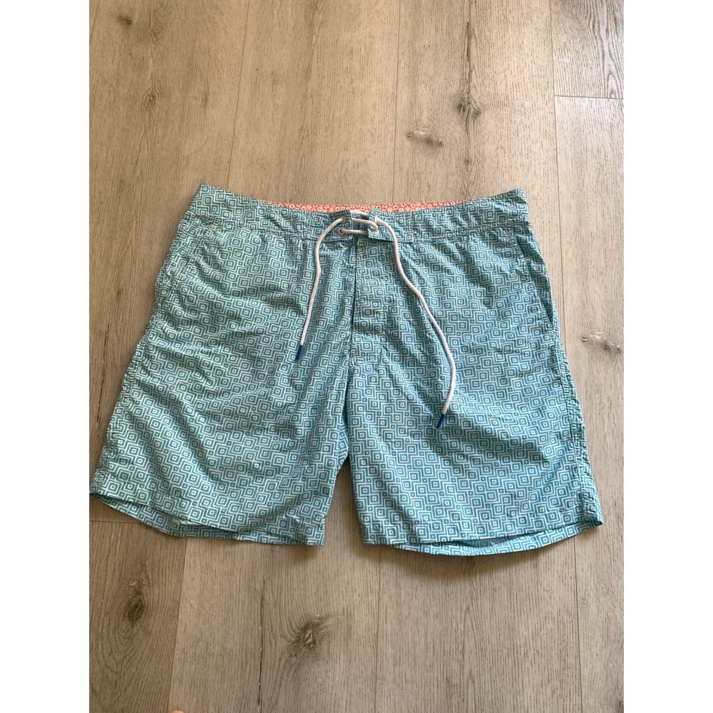Bonobos Mens Swim Trunks Teal White‎ Geometric Square Pattern Drawstring Shorts